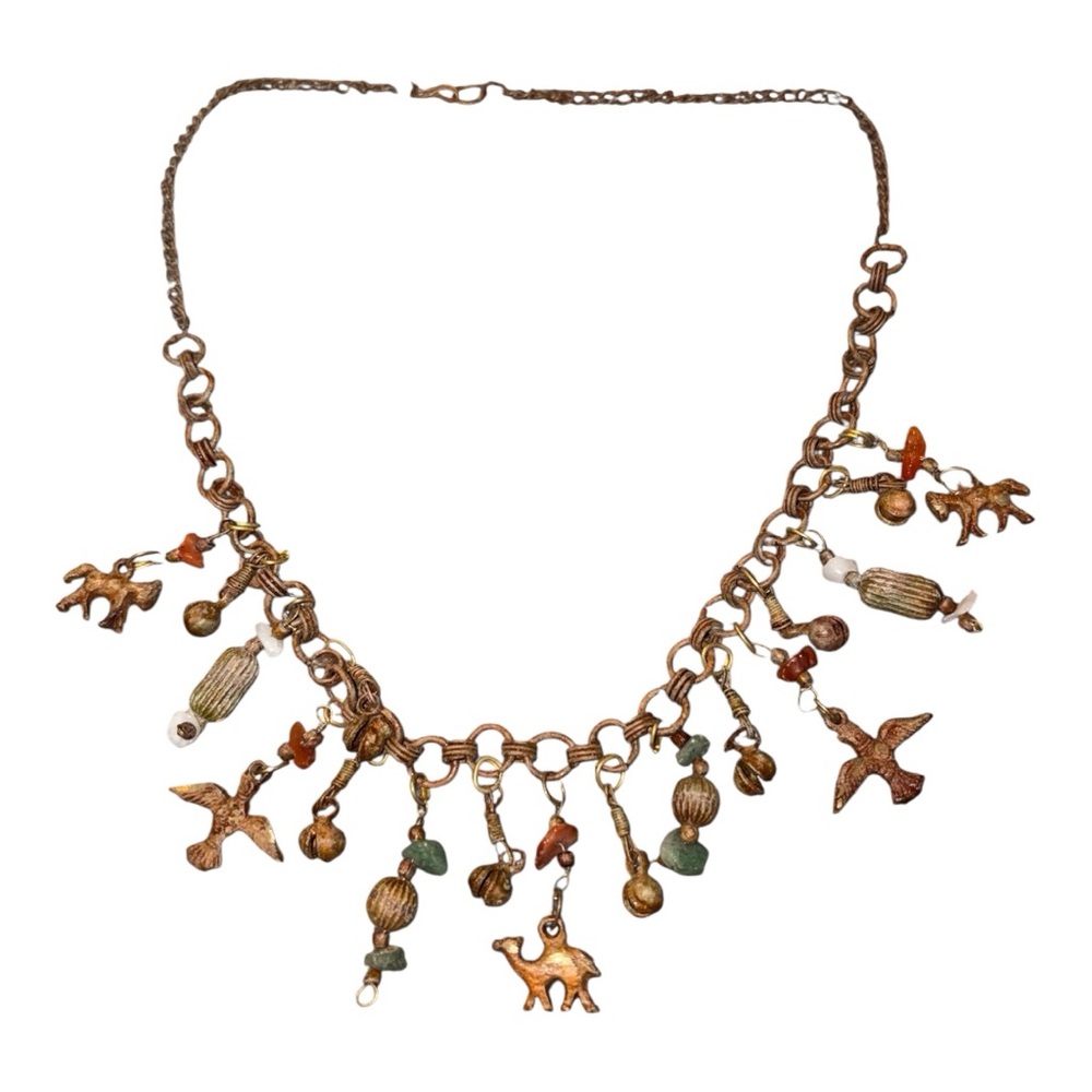 Vintage Charm Necklace – Brass, Stone, and Animal Motifs JB9